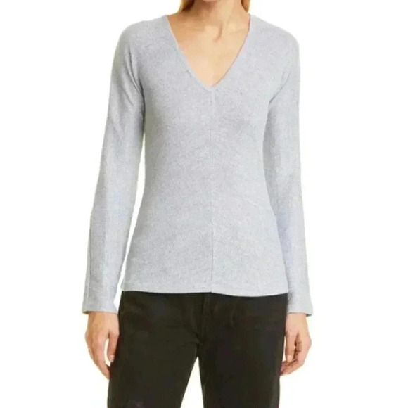 NWT Rag & Bone The Bias Rib Knit Long Sleeve V-neck Top In Light Grey - Picture 1 of 7